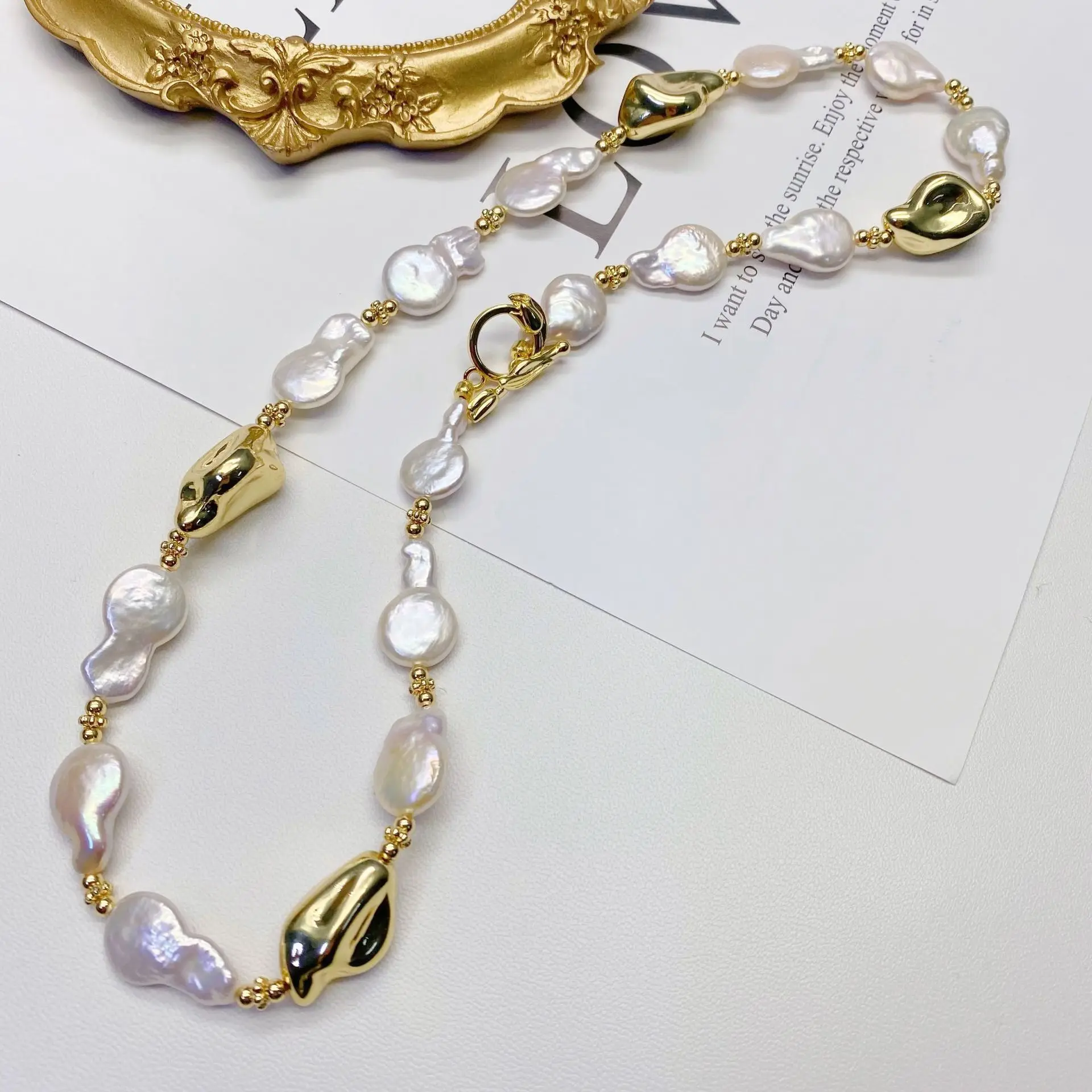 Natural Freshwater Baroque Pearl Necklace Lava Texture Metal OT Clasp Gold Plated Irregular Pearl Choker for Women