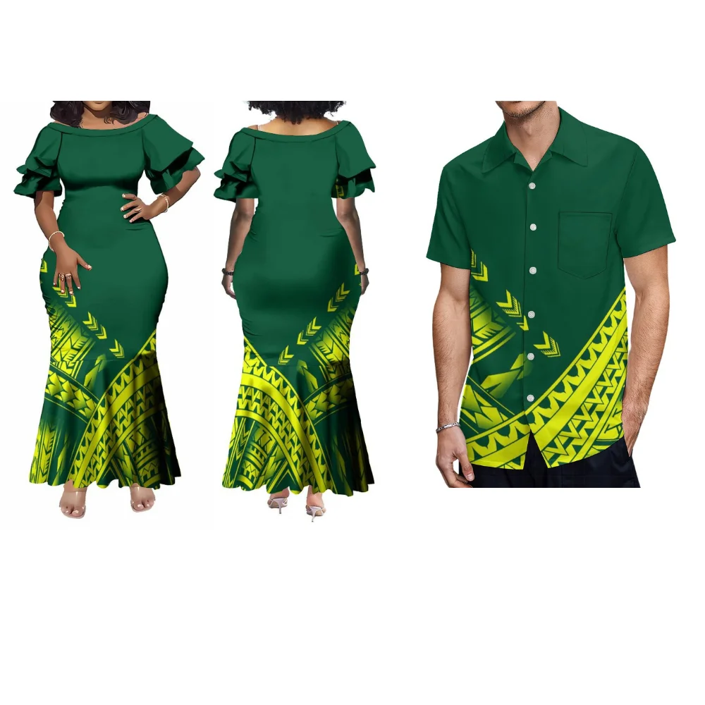 Traje de pareja polinesiana personalizada, cuello redondo, puño con volantes, falda de cola de pez, falda larga ajustada, camisa Formal Hawaiana para hombre, Verano