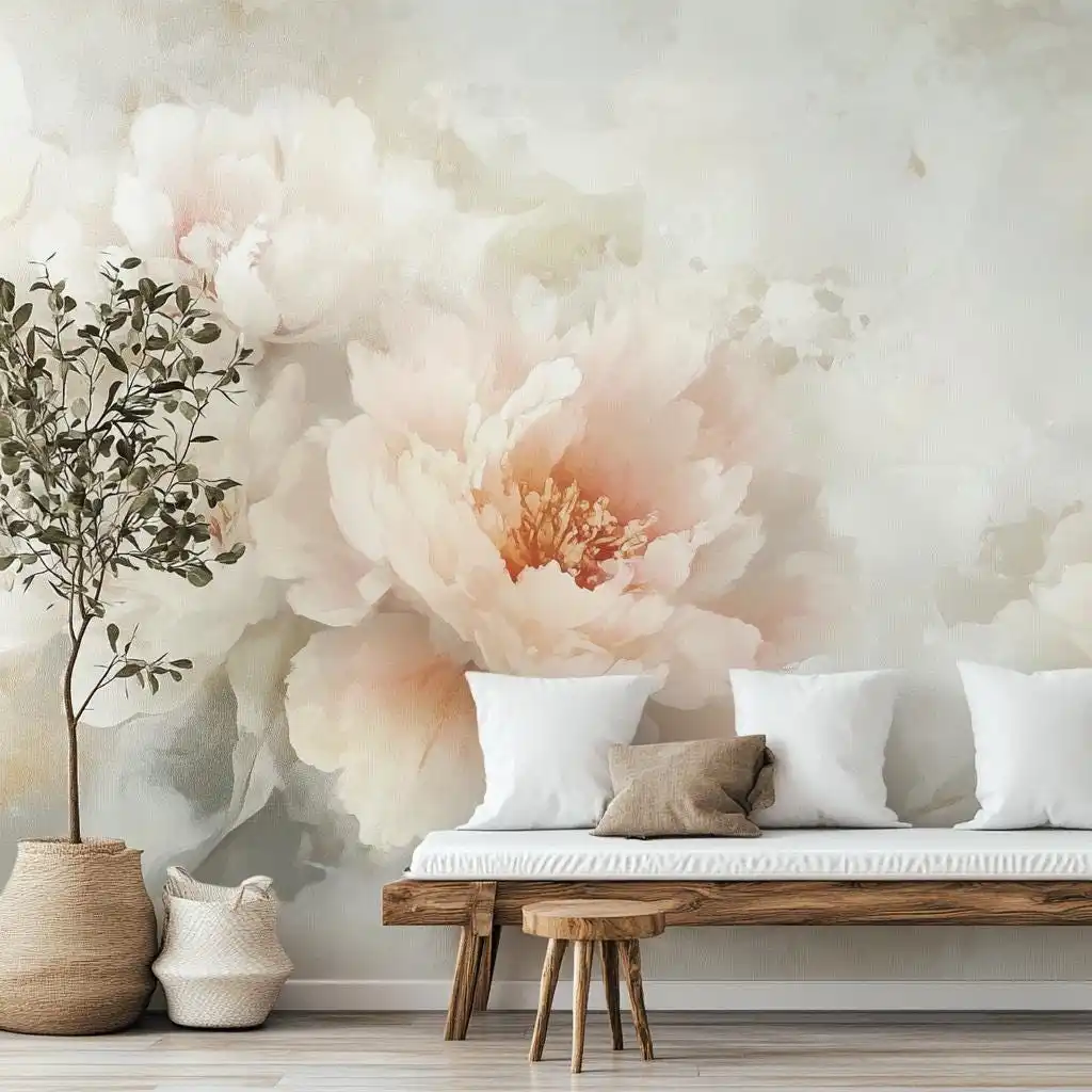 Customized retro flower Watercolor Pink Beige Peony Flower Mural Large White line flowers Wallpaper Background Home Decoration