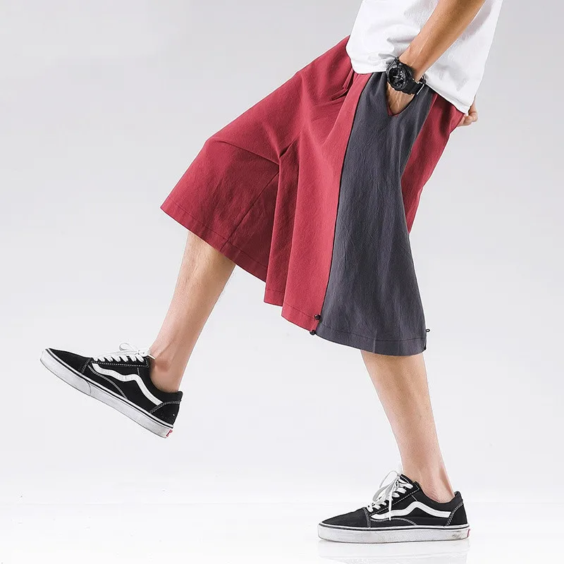 Patchwork Cotton Linen Pants Colorblock Wide Leg Trousers Streetwear Cargo plus Size M-8XL Calf-Length Fashion 2026