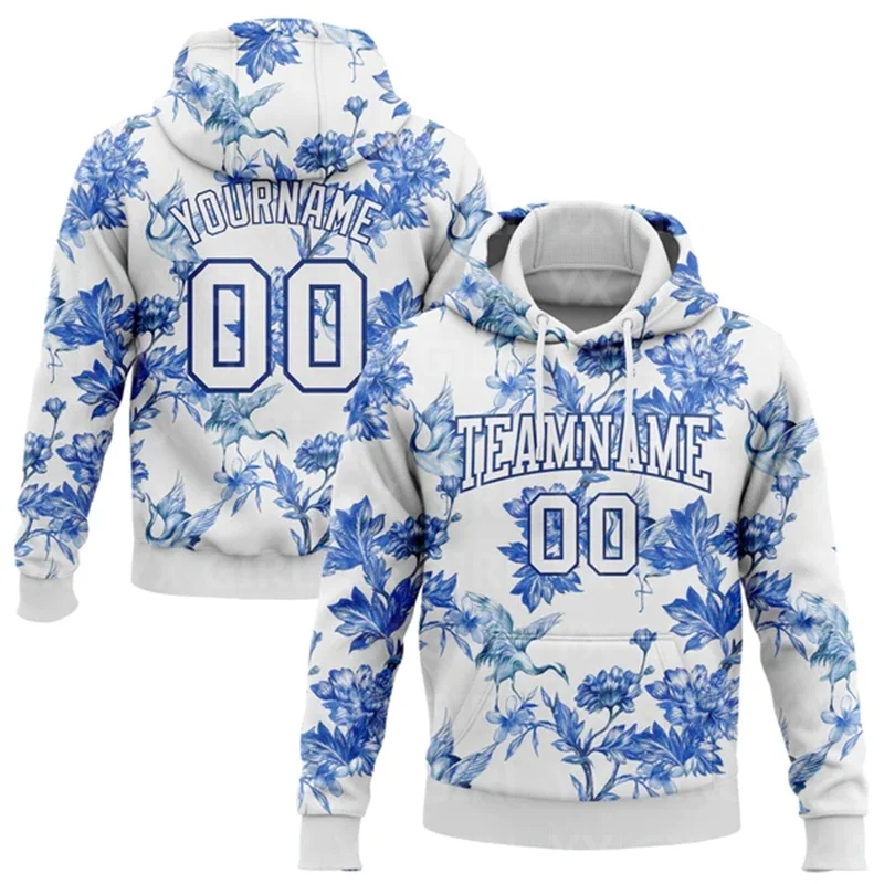 Custom White Royal Design Heron And Flower Sports Pullover Sweatshirt Hoodie 3D Printed Sports Pullover Sweatshirt Hoodie