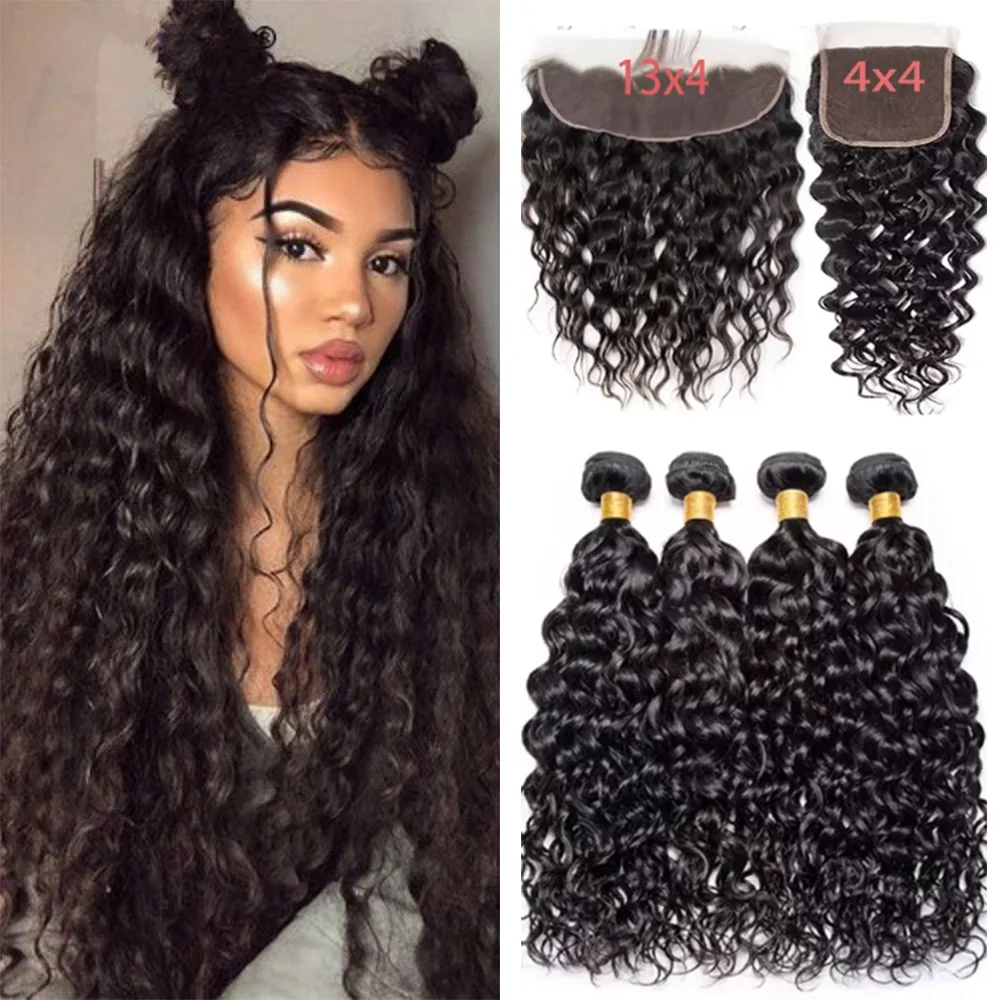 Unprocessed Brazilian Virgin Water Wave 1/3/4Bundles with Closure Raw Wet And Wavy Curly Human Hair For Women