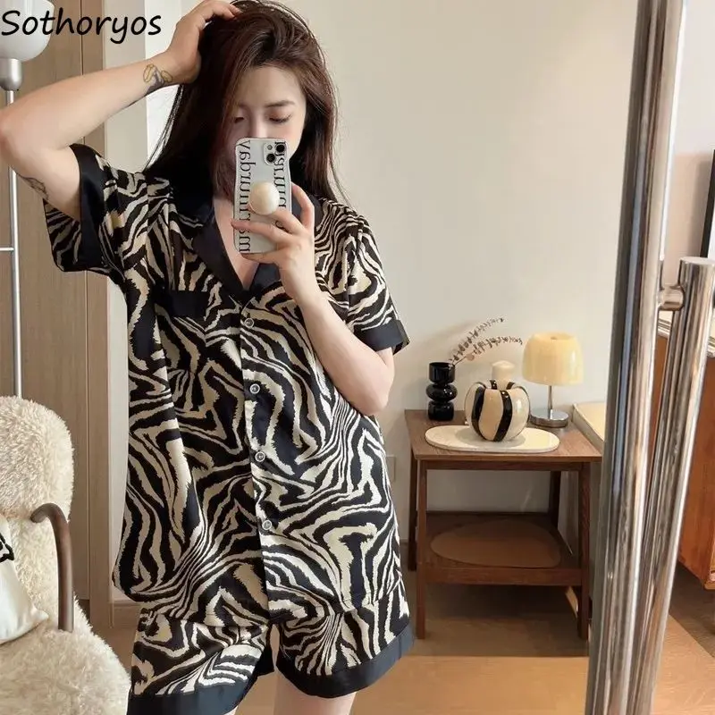 Pajama Sets Women Zebra-striped New Fashion Korean Style Baggy Sleepwear Tender Sexy Ladies Summer Cool Leisure Simple Ins Home