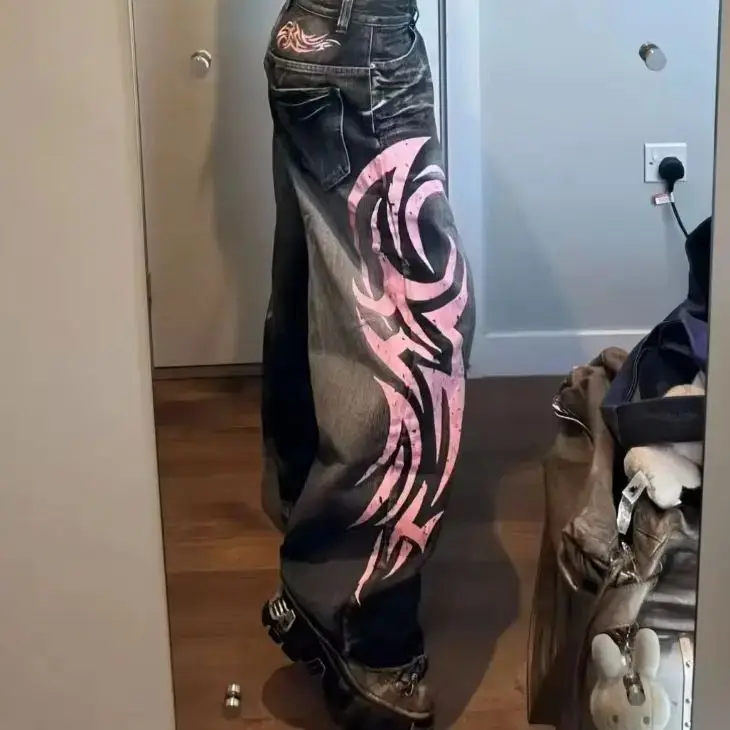 

Y2K American Vintage Mottled Totem Print Loose Fit Jeans Women's Straight Leg Eighteen Pants Youthful Trend Travel Suitable