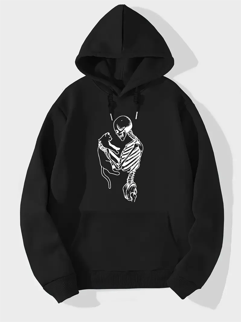 Women Skeleton With A Cat Graphic Print Hoodie Casual Graphic Design Pullover For Winter Fall