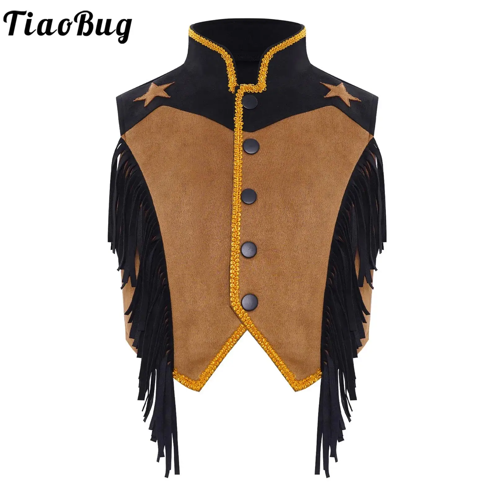 

Girls Boys Western Cowboy Cowgirl Costume Vest Color Block Press Buttons Fringed Waistcoat for Halloween Cosplay Themed Parties