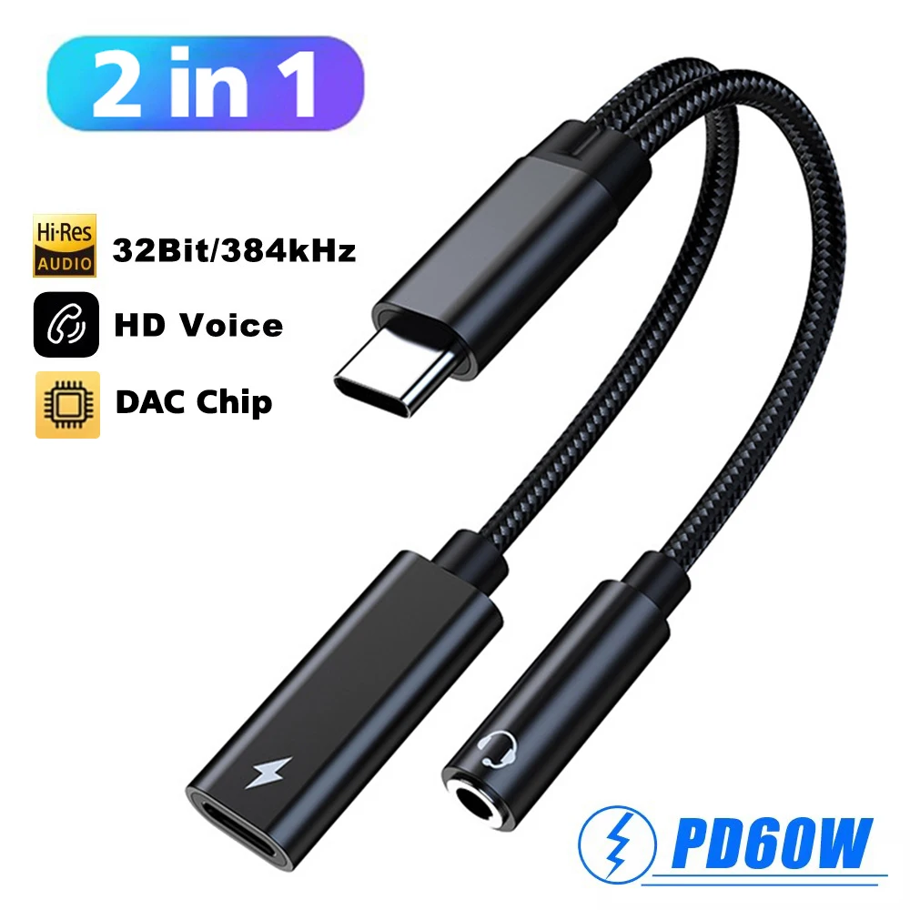 2-In-1 USB C To 3.5mm Type C Cable Adapter PD 60W Charging 32bit/384KHz DAC Audio Cable Aux Headphone Converter For iPad Samsung