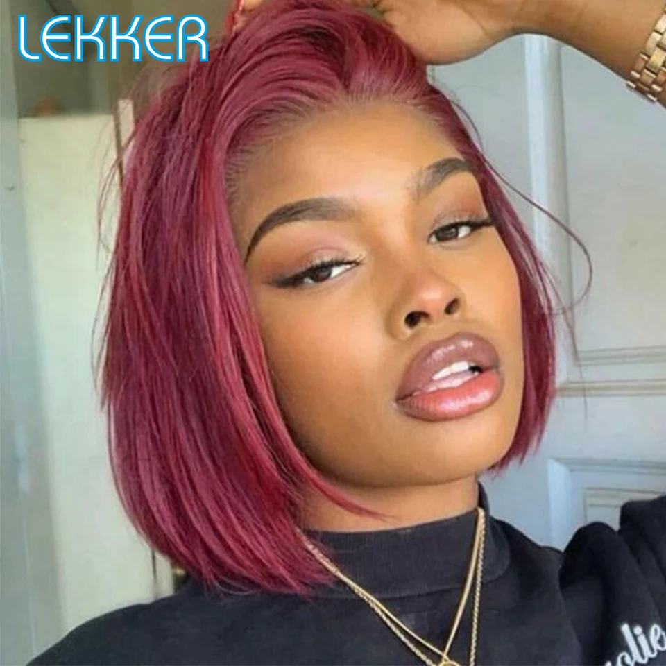 Lekker Short Straight Bob 13x6x1 Lace Front Human Hair Wigs For Women Glueless Brazilian Remy Hair Colored 99j Burg Red Bob Wigs