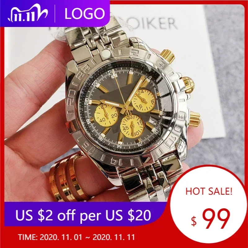 Luxury New New Mens Quartz Chronograph Watch Stainless Steel Silver Gold Black Blue Dial Stopwatch Reloj Hombre