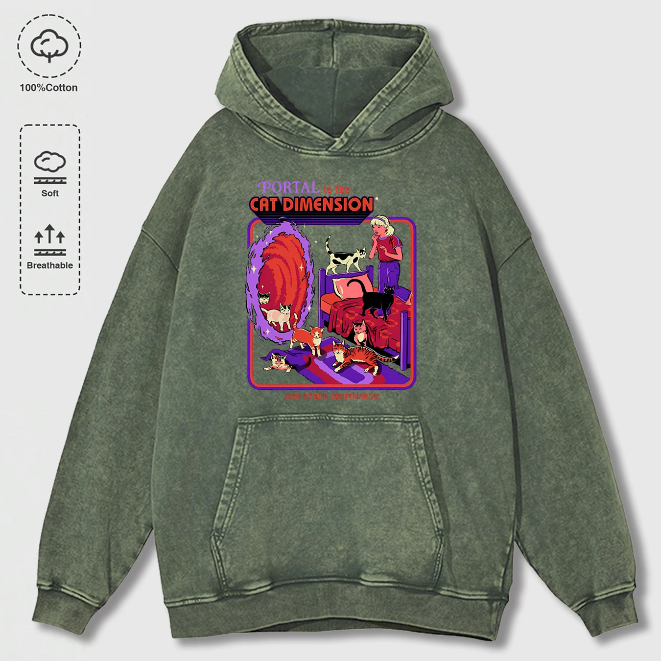 Portal To The Cat Dimension Print Men Washed Hoody Trendy Cotton Hoodies Autumn Warm Retro Clothing Unisex Loose Long Sleeve