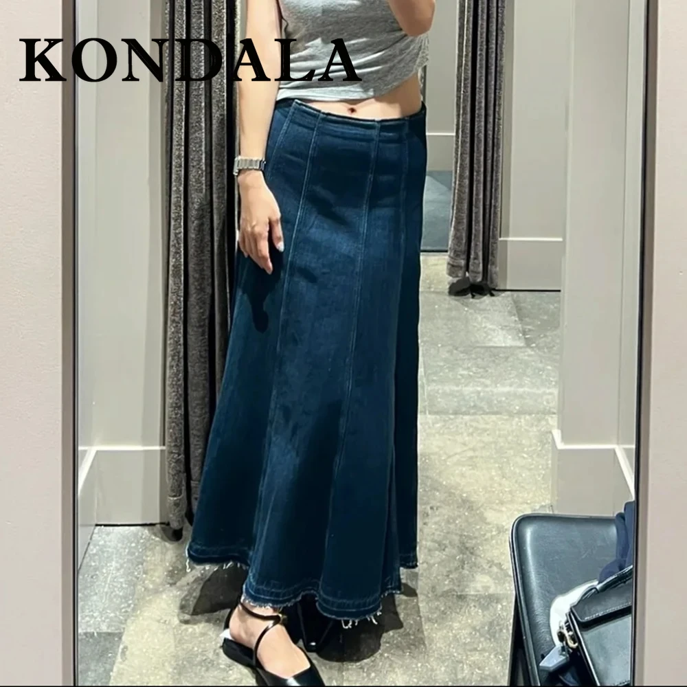 KONDALA Fashion 2025 Spring Woman Vintage Denim Long Skirt A-Line Zipper Skirt Tassel Streetwear Casual Mujer Female Vestidos