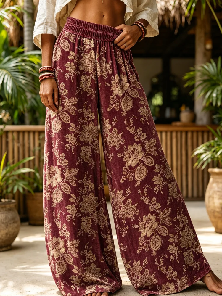 Retro Bohemian Floral Print Velvet Long Pants for Women. High-Waisted, Stretchy, Loose and Flowing Summer-Style Wide-Leg Pants, Suitable for Autumn and Winter Seasons.