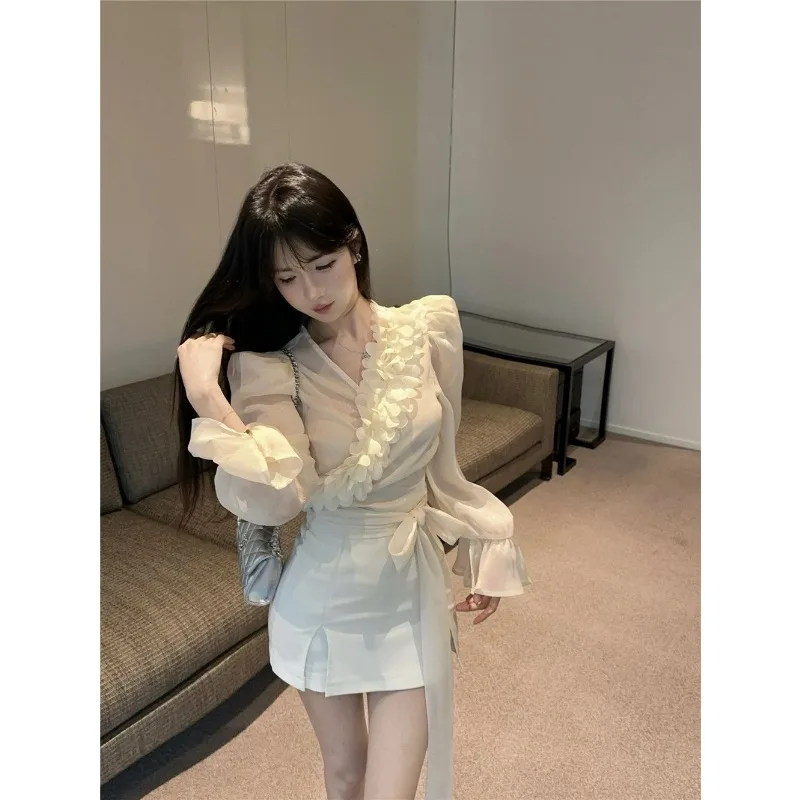 French Puff Sleeve Chiffon Shirt Women's Summer Pure Desire French V-Neck Small Top Is Beautiful Blouses