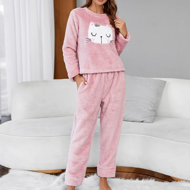 

Autumn Winter New Warm Flannel Women Pajamas Set Long-sleeved Trousers Coral Velvet Set Cartoon Thick Home Clothes For Women