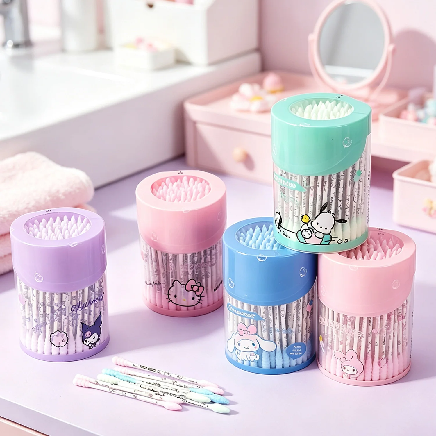 Hello Kitty, Kuromi, Cinnamoroll, My Melody – Baumwollstäbchen mit niedlichem Aufdruck, Papierstäbchen mit Baumwollspitze und Aufbewahrungsbox für die Reinigung von Make-up.