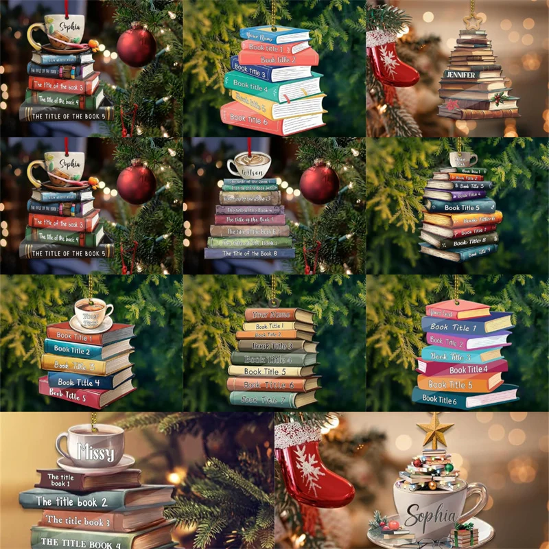 Flat Printed Acrylic Personalized Bookshelf Decorations Book Lovers Book-Shaped Bookshelf Pendant Ornament Christmas Tree Decor