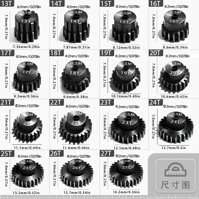 M0.5 Motor Gears Pinion 2mm Aperture 13T - 27T for 1/18 1/24 RC Model Car Buggy Truck Crawler Accessories