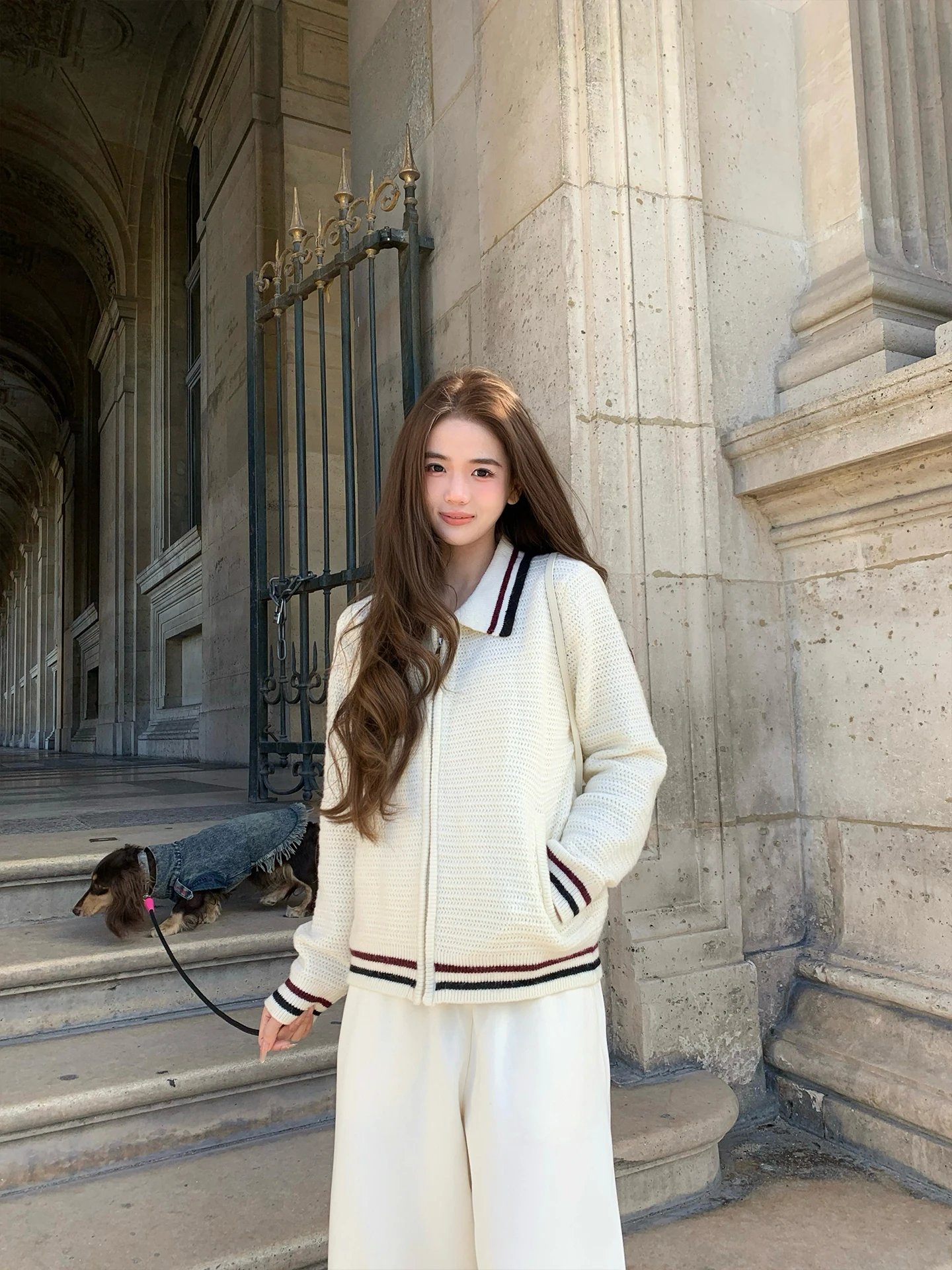 

Miu Sle Student GYO 2025AW молочно-белый ажурный открытый кардиган на молнии с цветочным принтом, женский вязаный свитер