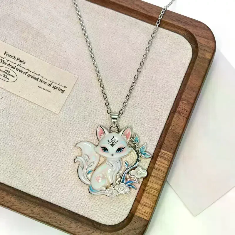 Chinese Mythology Nine Tailed Fox Enamel Pendant Necklace For Women Silver Tone Chain Trendy Exquisite Jewelry Gifts
