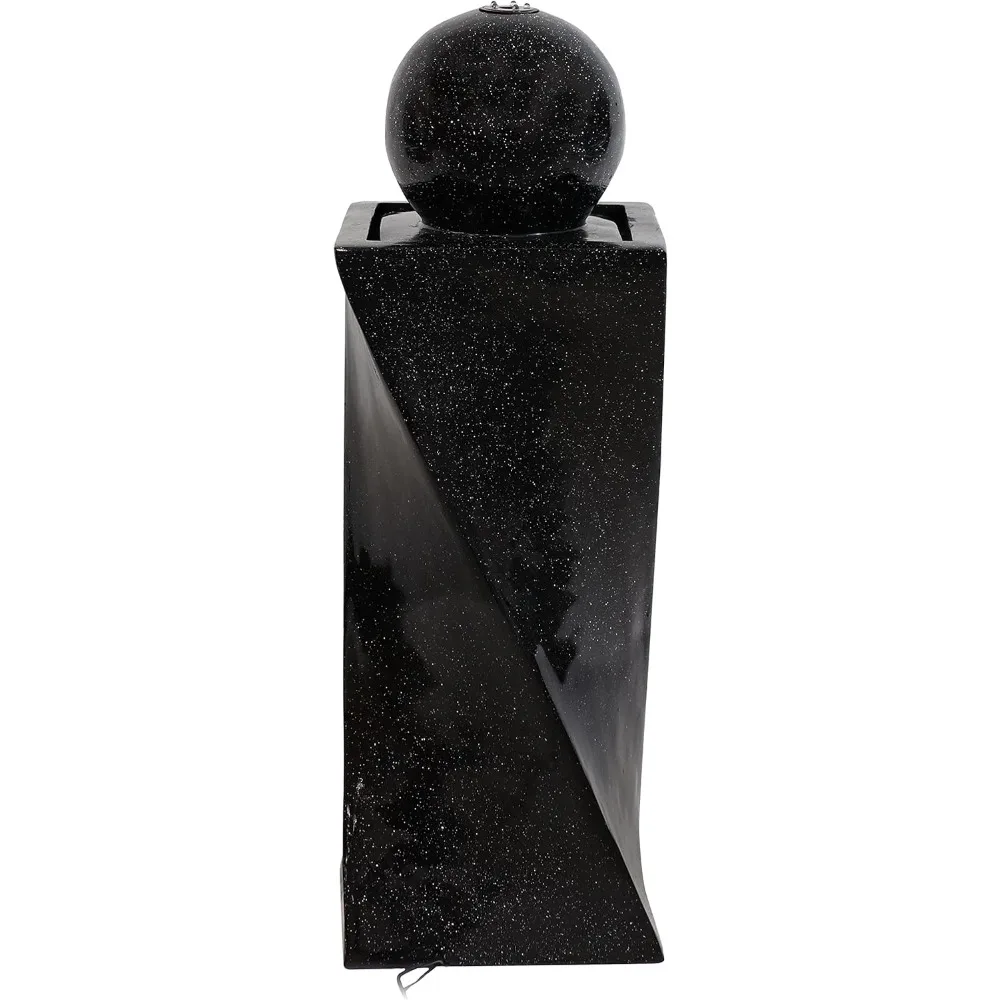 Black outdoor fountain Black Ball 30-Inch Solar Fountain with Battery Backup and Light - Submersible Pump - Resin and Fiberglass