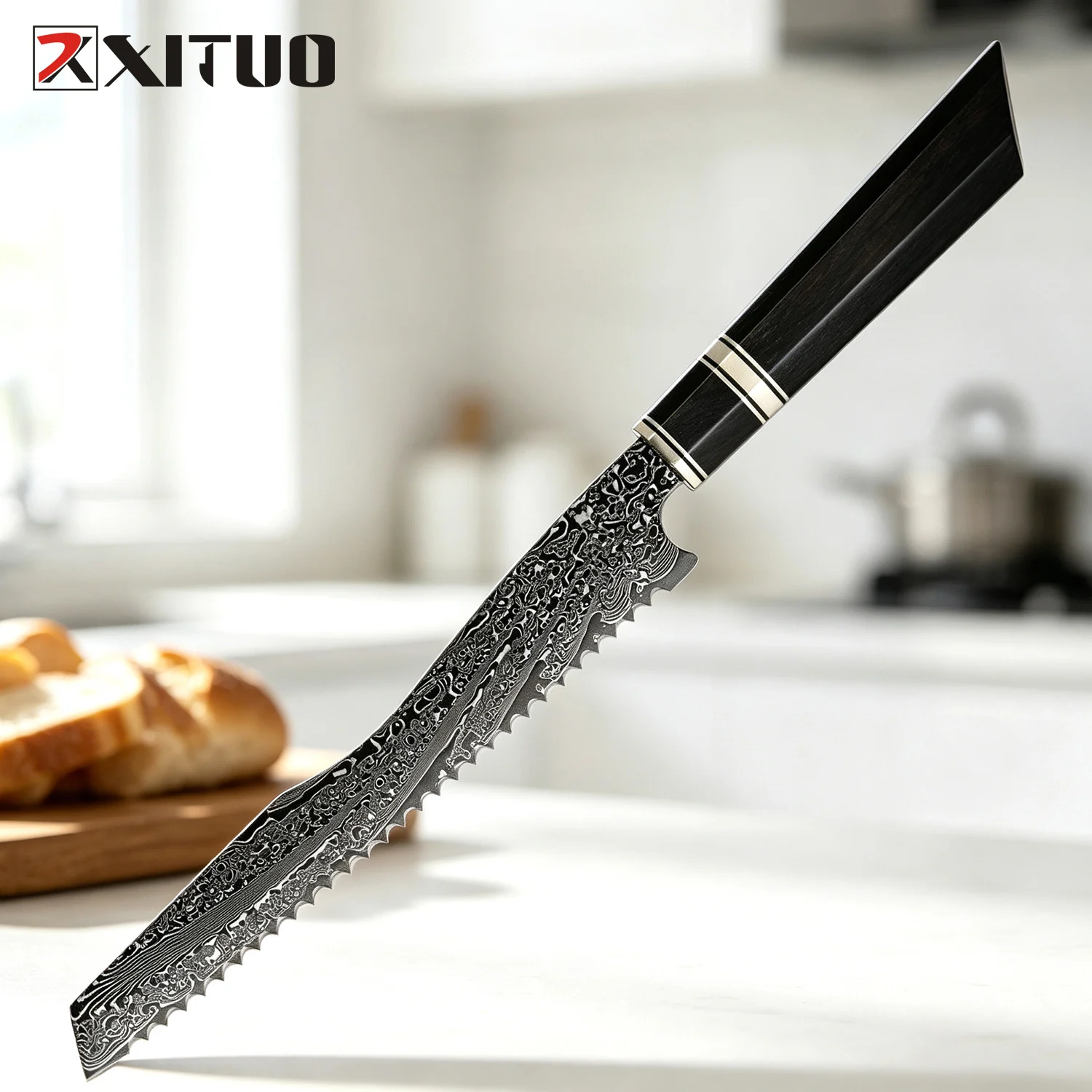 XITUO Damascus Steel Bread Knife Black Blade Sharp, Octagonal Black Sandalwood Handle Slicer Bread,Toast,Cake, Baking Cut Tools