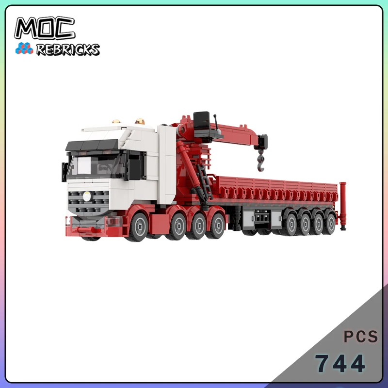 MOC Modern Semi Truck and Crane Trailer Building Blocks Set Heavy Duty Engineering Lifting Vehicle Freight Transport Model