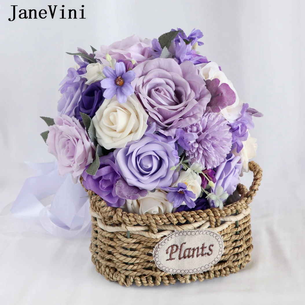 JaneVini Lilac Purple Bridal Flower Bouquet Artificial Silk Rose Wedding Bouquets Bride Decoration Cintas Para Ramos De Novia