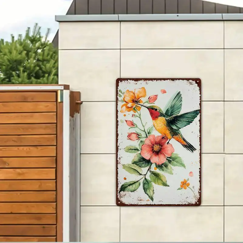 Vibrant Metal Tin Sign - Anique Watercolor Hummingbird Decor | Durable, Nature-inspired Design, Easy To Hang