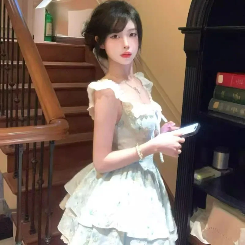 2025 nuevo verano dulce estampado Floral estilo francés manga acampanada cintura ceñida vestido delgado Lolita princesa vestido de baile mujeres Mini vestido