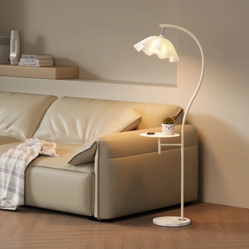 

Cream wind floor lamp Nordic living room bedroom bedside lamp creative flower with coffee table wireless charging vertical table