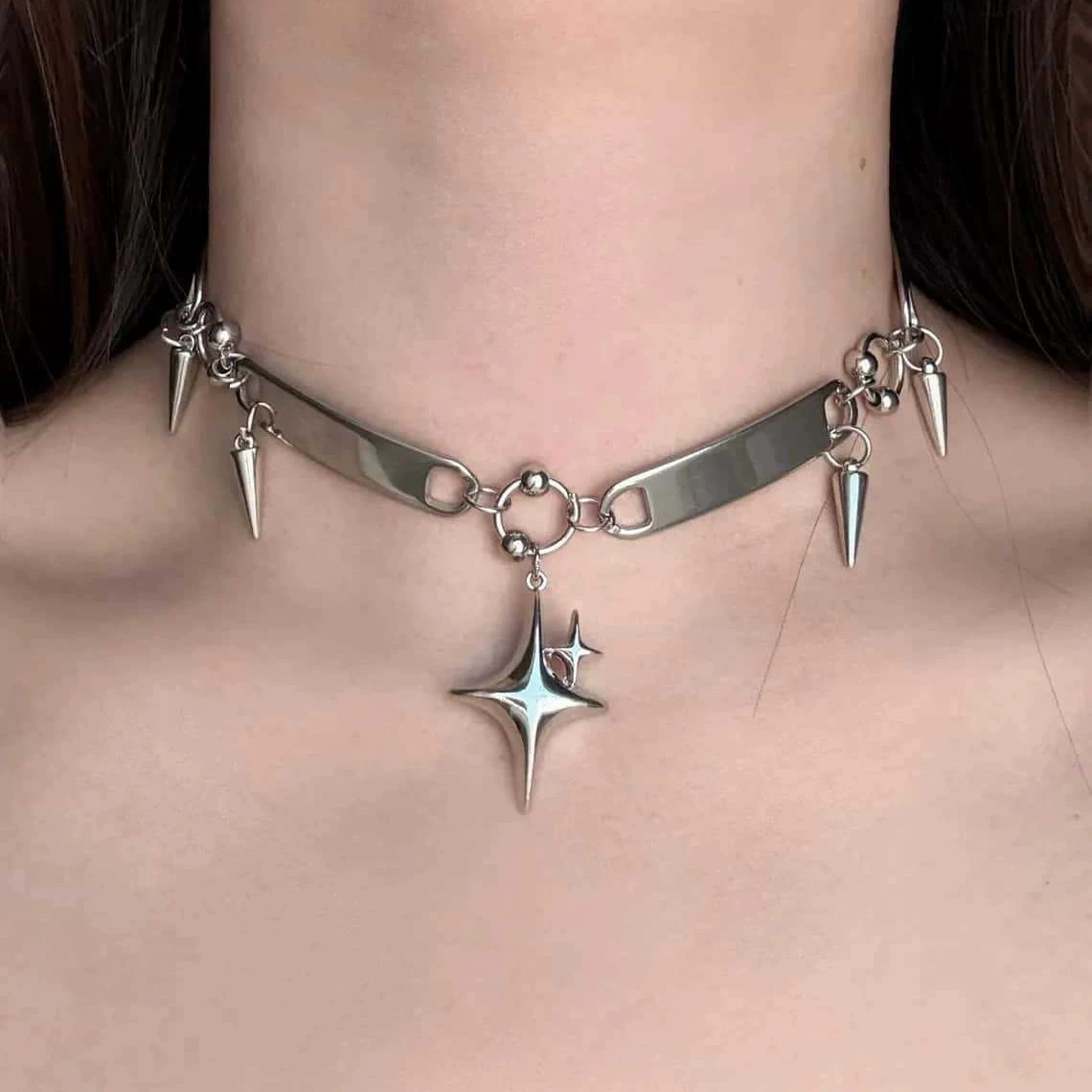 Punk Rock Y2K Silberfarbener Geometrie-Stern-Anhänger Halskette für Männer und Frauen Goth Vintage Grunge Harajuku Halsschmuck