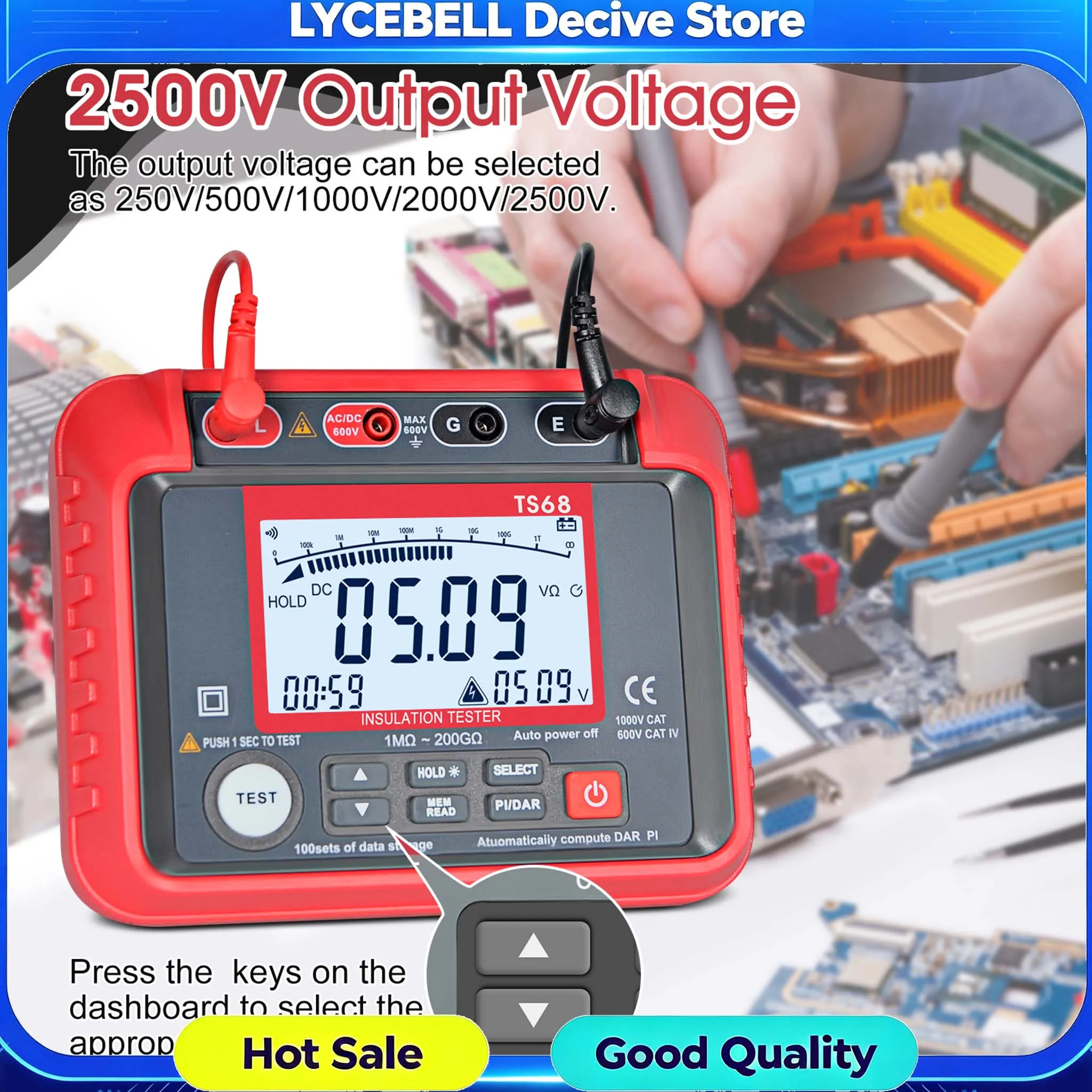TS68 Insulation Resistance Tester Megohmmeter 250V-2500V 200GΩ PI/DAR Data Storage Backlight for Transformer Motor Cable