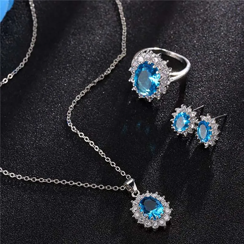 Elegant European And American Queen Sapphire Jewelry Necklace Earrings Ring Zircon Jewelry Set For Women Gift