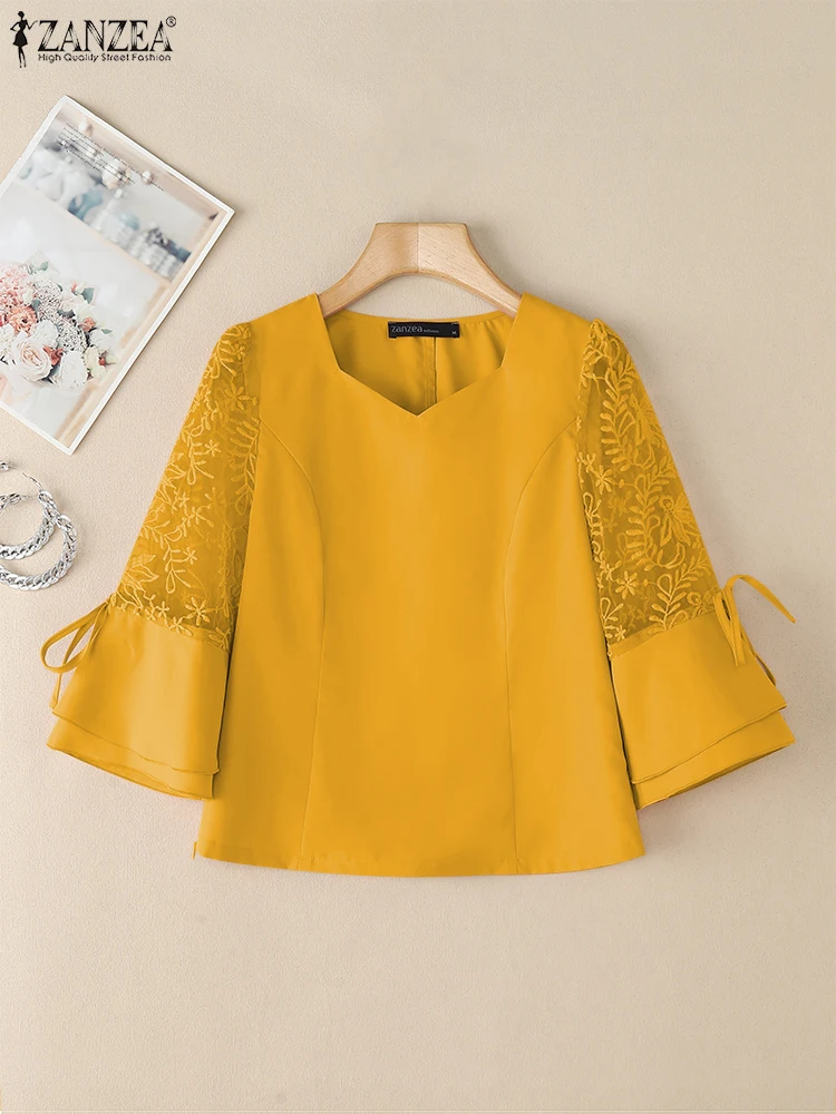 

ZANZEA Slim Fit Women Blouses Lace Patchwork Square Neck Fashion Elegant Chic Blusas Mujer 3/4 Sheer Sleeve Day Wear Solid Tops