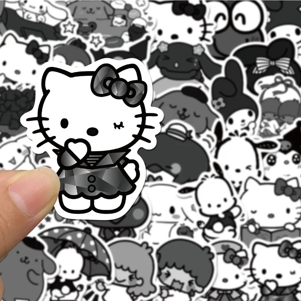 

10/30/50/100pcs Black and White Sanrio Anime Stickers for Kid Kuromi Hello Kitty My Melody Cartoon Decals Waterproof DIY Sticker