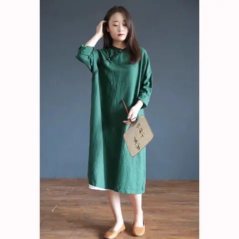 Spring New Chinese Style Women Long Sleeve Loose Knee-length Dress Vintage Button Cotton Linen A-line Dresses Good Quality J64