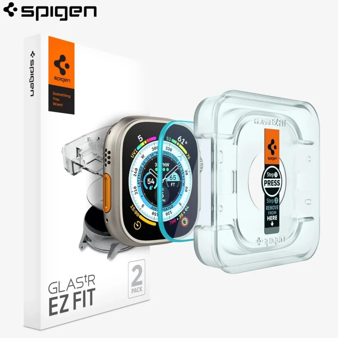 2 Stück Spigen Displayschutzfolie aus gehärtetem Glas [Glas.tR EZ Fit] Entwickelt für Apple Watch Ultra 3 Ultra 2 Ultra (49 mm) (46 mm) (45 mm)