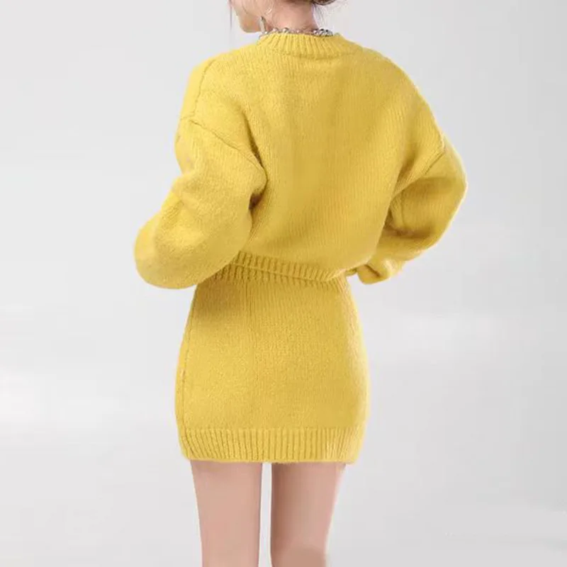 Women Sweater Skirt Suit Fashion Female O-neck Long Sleeve Pullovers+Single Buttons Knitted Bodycon Skirts Casual Sweater Sets