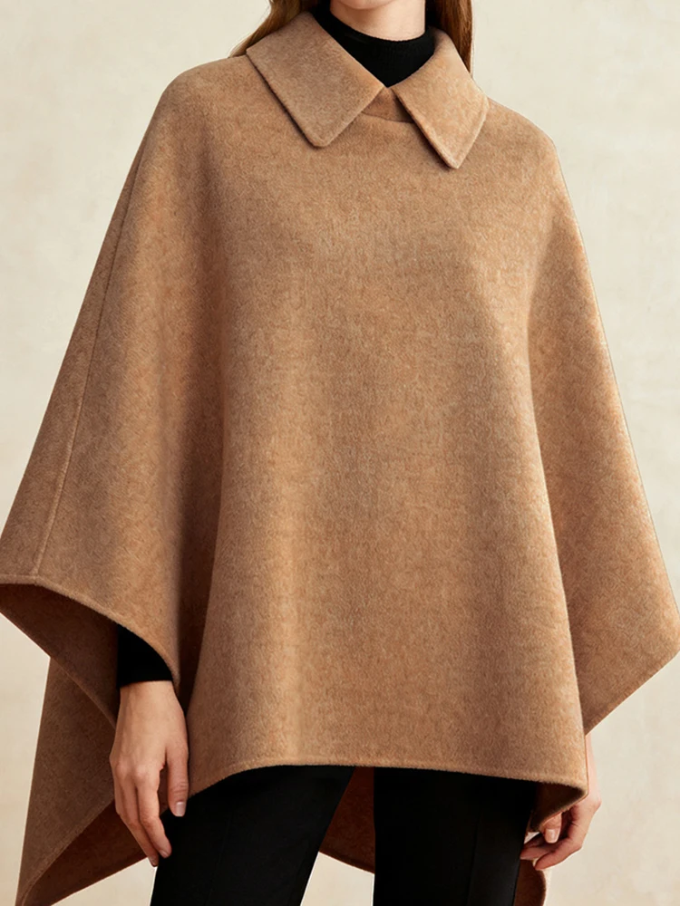 

Autumn Winter Holiday Long Cape for Women, Turn-Down Collar Fashion Solid Coat, Elegant Patchwork Simple Ladies Shawl Streetwear