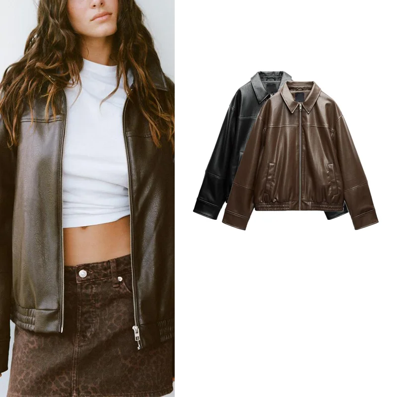 Frühling Neue Faionable Pilots Jaet frauen Leder Mantel PU Material Lange Sve Zipper Design Pendeln Sle Lose Fit