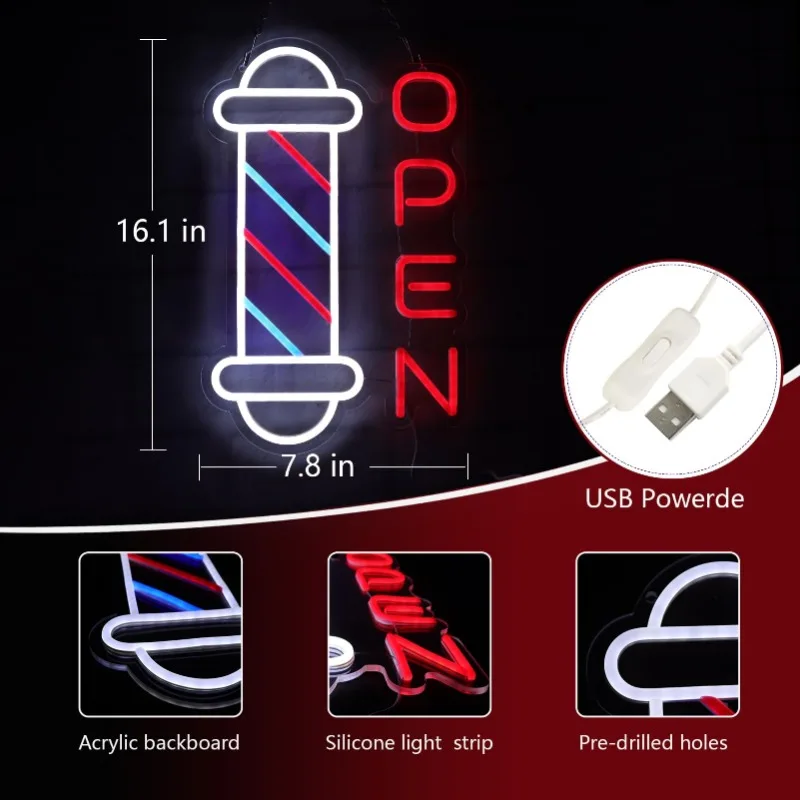 Open Neonlichten Voor Slaapkamer Led Kapperszaken Kapsalon Kunst Uniek Cadeau Voor Kapper 10.2*16.1 Inch (Rood + Blauw + Wit)