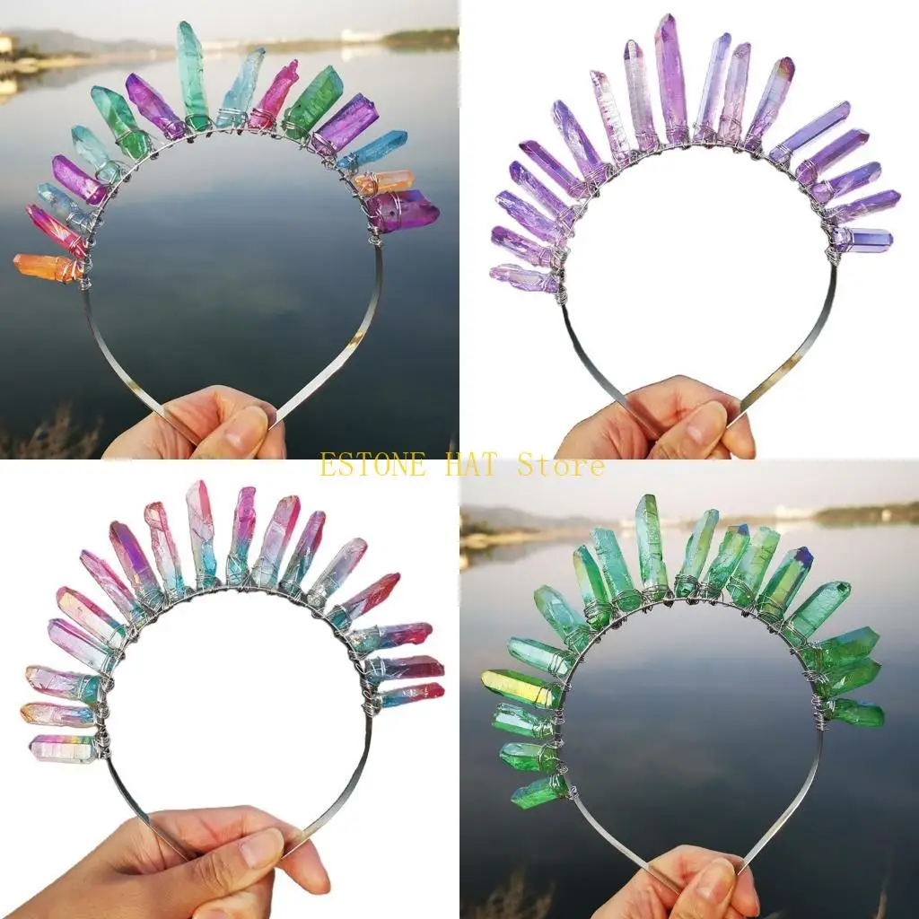 49MF for Raw Crystal Headband Multicolor Gradient Jewelry for Sun Crown Wedding Bridal Holiday Party Hair