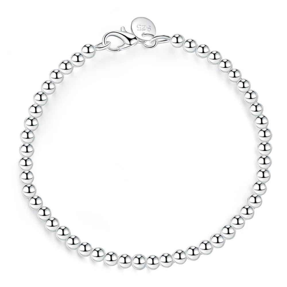 Fine Jewelry 925 Sterling Silver 4mm Okrągła kula Gładkie koraliki Bransoletka dla kobiet Dziewczyny Miłośnik Najlepszy prezent