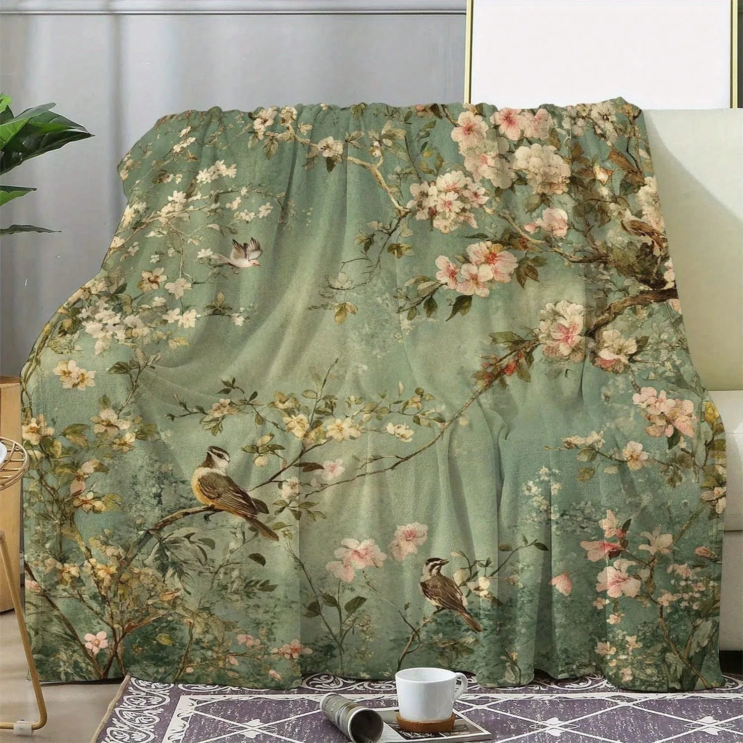 Manta de Franela Vintage con Estampado Floral y de Aves, Manta Suave con Diseño Botánico Verde, Decoración para el Hogar Inspirada en la Naturaleza para Dormitorio y Sala de Estar