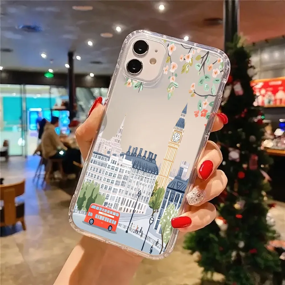 Affascinante paesaggio urbano di Londra con fiori rosa Custodia trasparente per iPhone 17 16 15 14 13 12 11 Pro Max XS XR 7 8 Plus