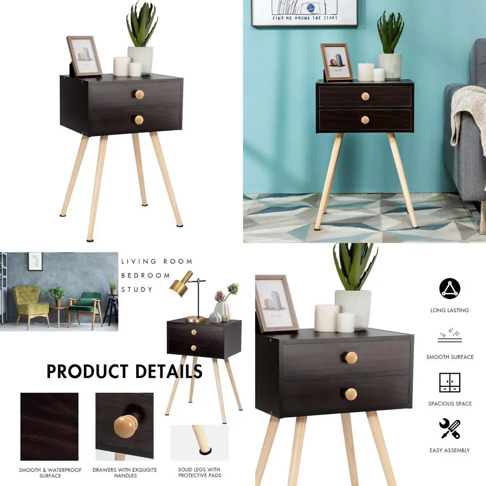 

Mid Century Modern 2-Drawer Nightstand with Solid Wood Legs, Bedside Table for Small Spaces, Modern End Table
