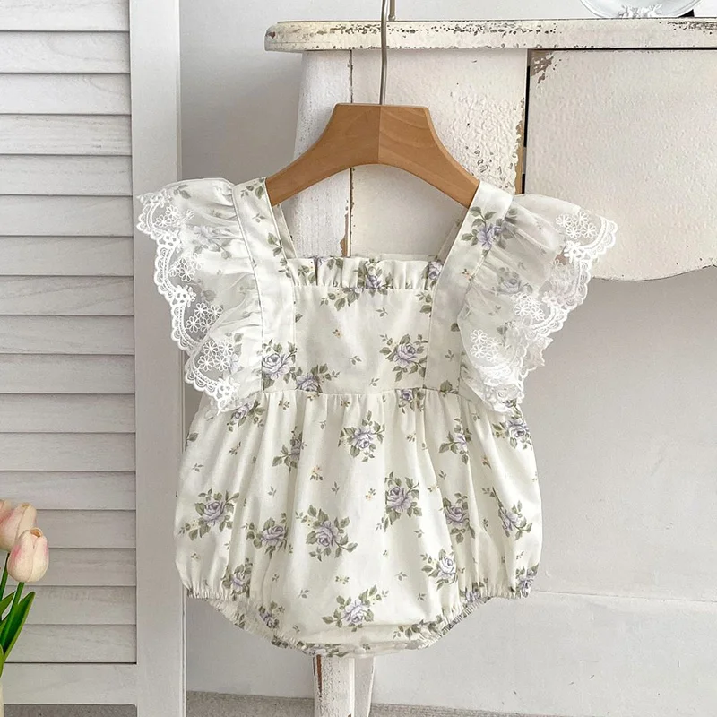 

2024 New Summer Toddler Baby Girls Jumpsuit Flying Sleeve Cotton Print Infant Baby Girl Bodysuits 0-24M Baby Girls Clothes