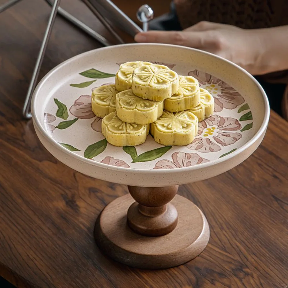 

Wooden Ceramic Luxury Serving Plates 8.5 Inches Storage Table Plates High-legged Food Plate Table Decoration and Accessories