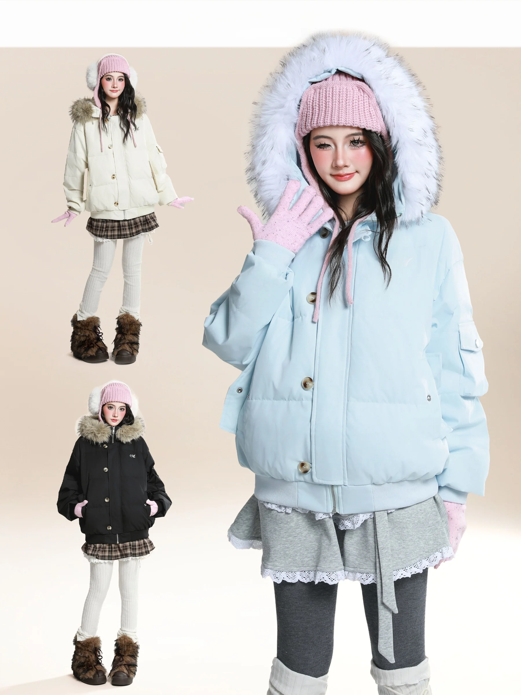 

HM American Retro White Du down Съемный меховой воротник с капюшоном вниз Jaet Женская зимняя новая морозостойкая теплая верхняя одежда