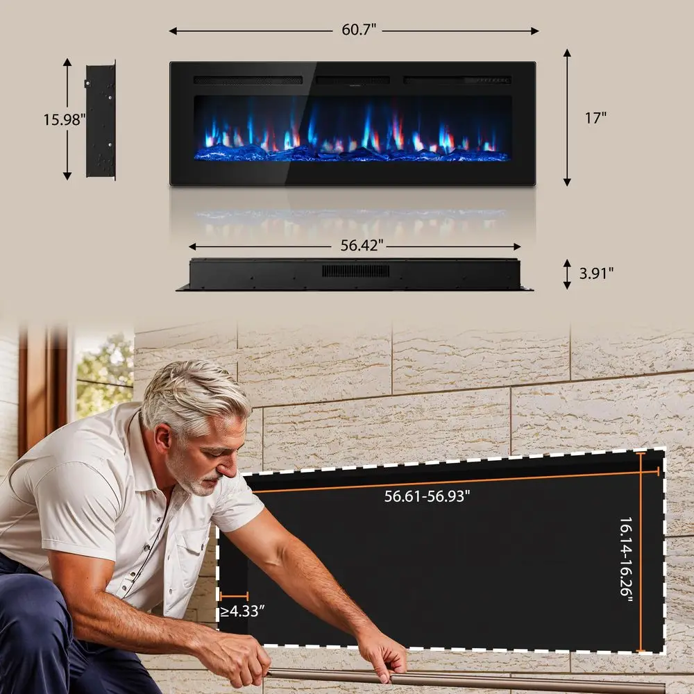 

60 inch Electric Fireplace inWall Recessed 2026 Upgrade Wall Mounted Fireplace with Remote Control, 1500 750W Fireplace Heater